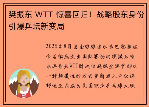 樊振东 WTT 惊喜回归！战略股东身份引爆乒坛新变局