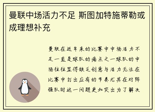 曼联中场活力不足 斯图加特施蒂勒或成理想补充