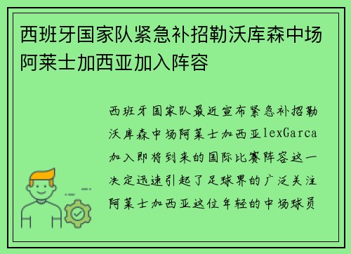 西班牙国家队紧急补招勒沃库森中场阿莱士加西亚加入阵容