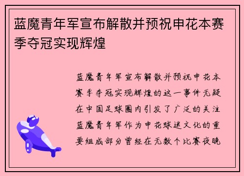 蓝魔青年军宣布解散并预祝申花本赛季夺冠实现辉煌